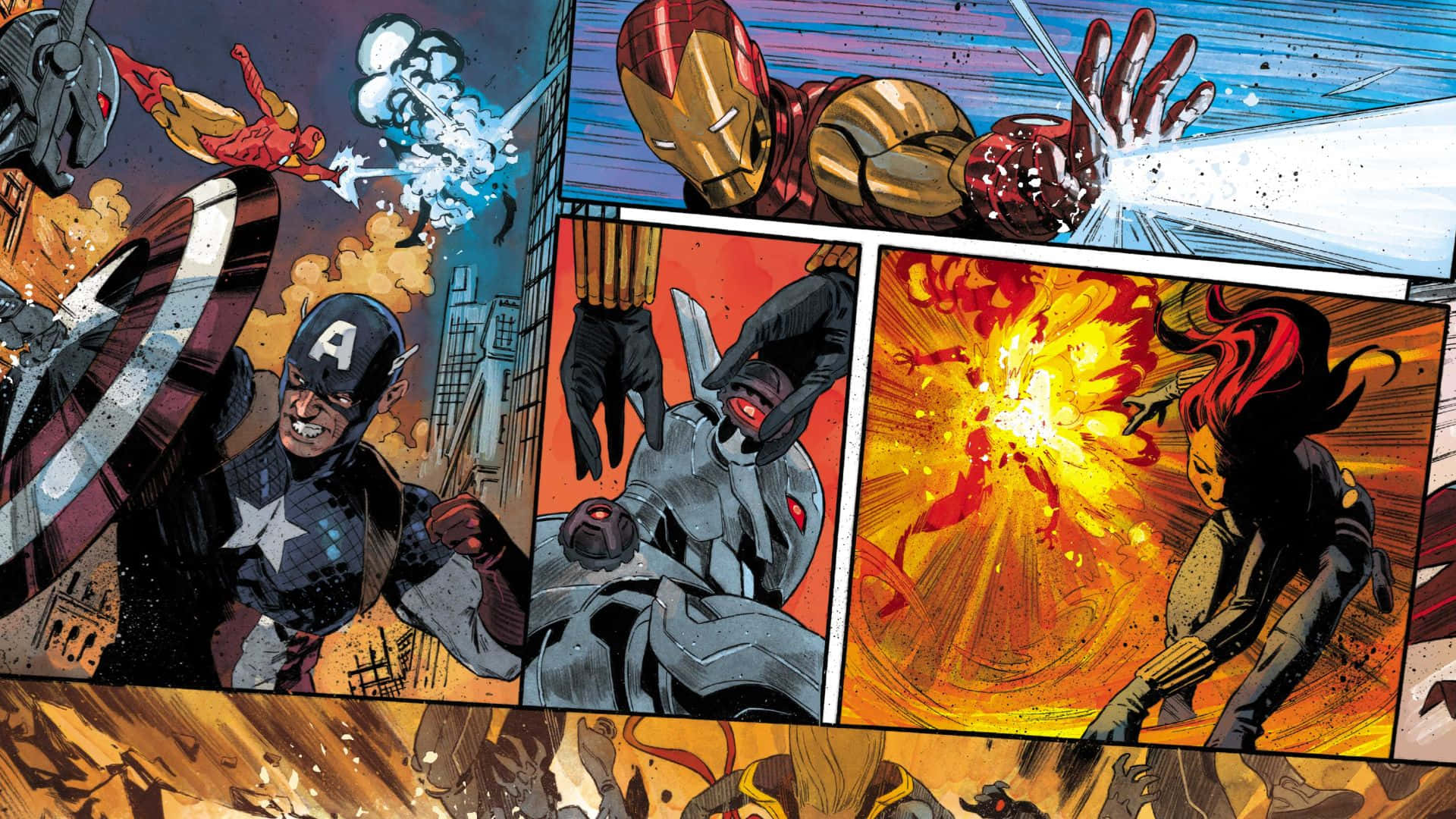 Secret Invasion 桌布 壁紙 — 動態漫畫書面板顯示美國隊長、鋼鐵人和其他英雄在戰鬥中，伴隨著爆炸和能量衝擊波。