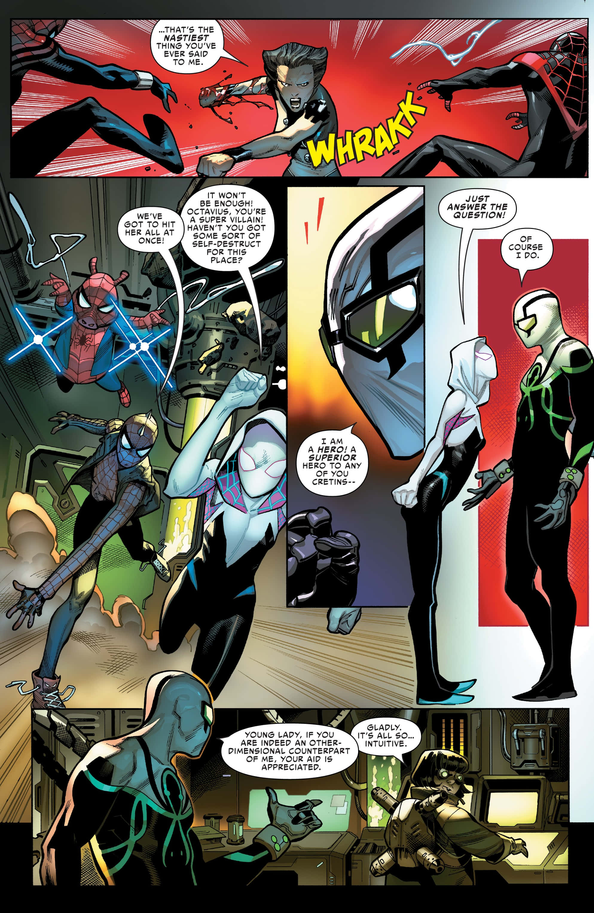 Spider-geddon 桌布 壁紙 — 動態漫畫格展示蜘蛛人和蜘蛛關與反派戰鬥，呈現高能量動作場面，採用大膽的紅色和藍色。