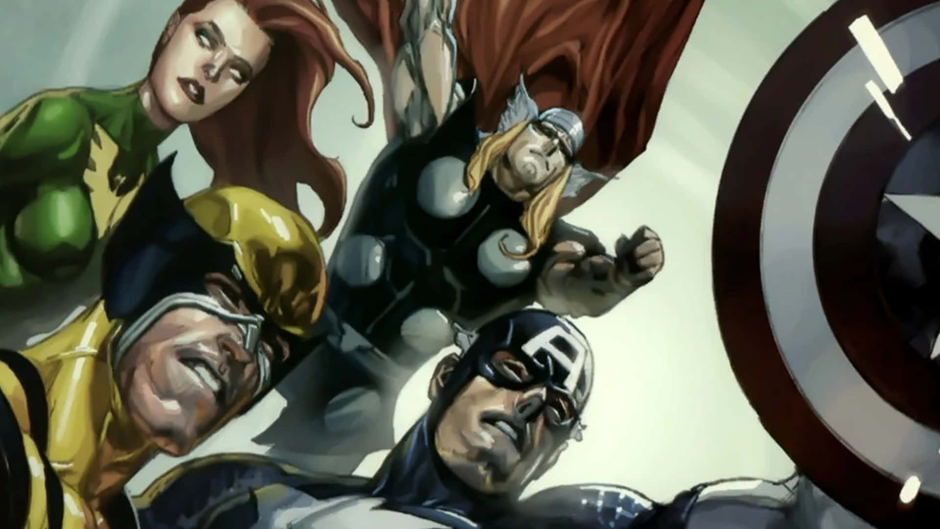 Secret Invasion 桌布 壁紙 — 動態漫畫英雄，包括索爾、美國隊長和金鋼狼，在明亮的背景下英勇地擺出姿勢。