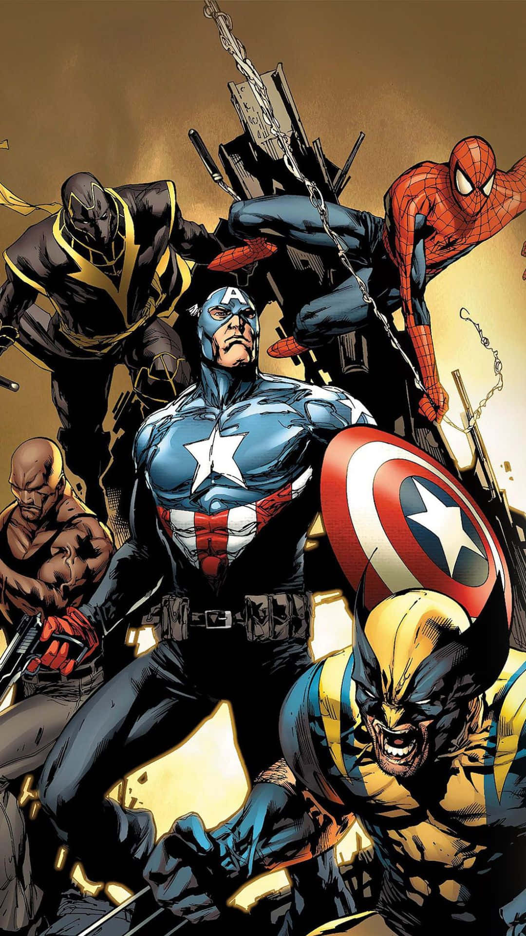 Comics 桌布 壁紙 — 動態漫畫英雄，包括美國隊長和金鋼狼，在一個戲劇性的動作場景中碰撞。