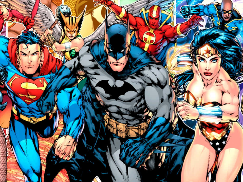 Justice League Unlimited 桌布 壁紙 — 動態漫畫英雄包括蝙蝠俠、超人和神力女超人在充滿活力的動作面板中英勇地擺出姿勢。