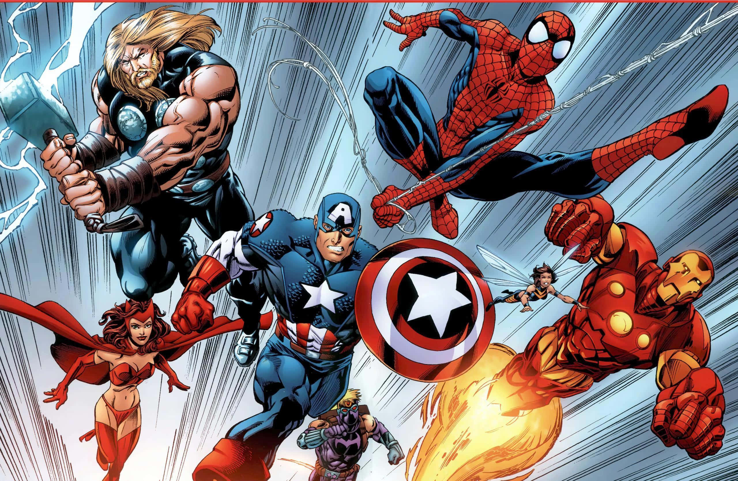 Earth's Mightiest Heroes 桌布 壁紙 — 動態漫畫英雄包括雷神、蜘蛛人、美國隊長和鋼鐵人正在行動中，帶有能量效果和動態線條。