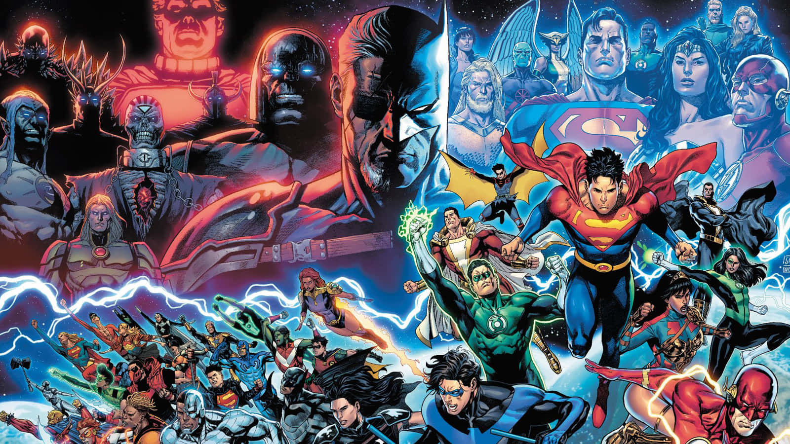 Comics 桌布 壁紙 — 動態漫畫英雄與反派在宇宙戰鬥中碰撞，伴隨閃電和鮮豔色彩。
