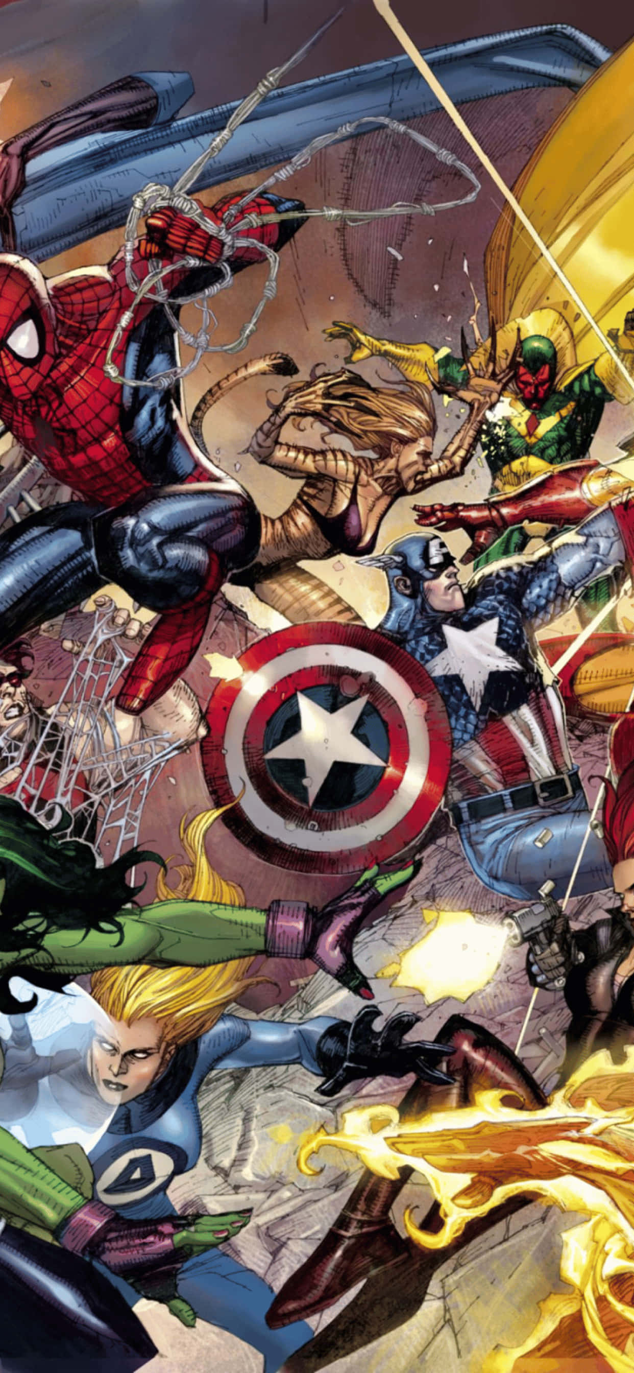 漫威 桌布 壁紙 — 動態漫畫面板， featuring Spider-Man、Captain America 及其他英雄在戰鬥中，伴隨能量爆炸和飛行動作。