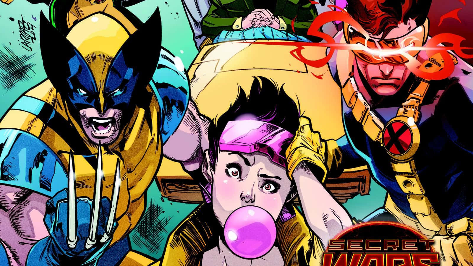 Secret Wars 桌布 壁紙 — 動態漫畫面板， featuring Wolverine、Cyclops 和 Jean Grey 以鮮豔色彩和戲劇性表情展開動作。