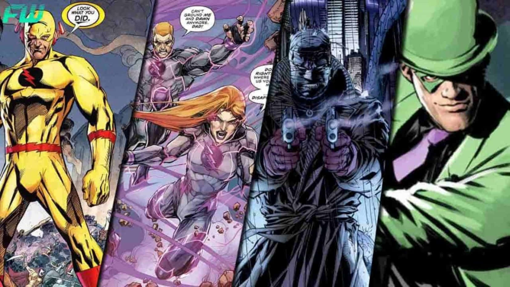 Supervillain Team-up 桌布 壁紙 — 動態漫畫面板， featuring The Flash、一位女性超級英雄、蝙蝠俠和謎語人在緊張的動作場景中。