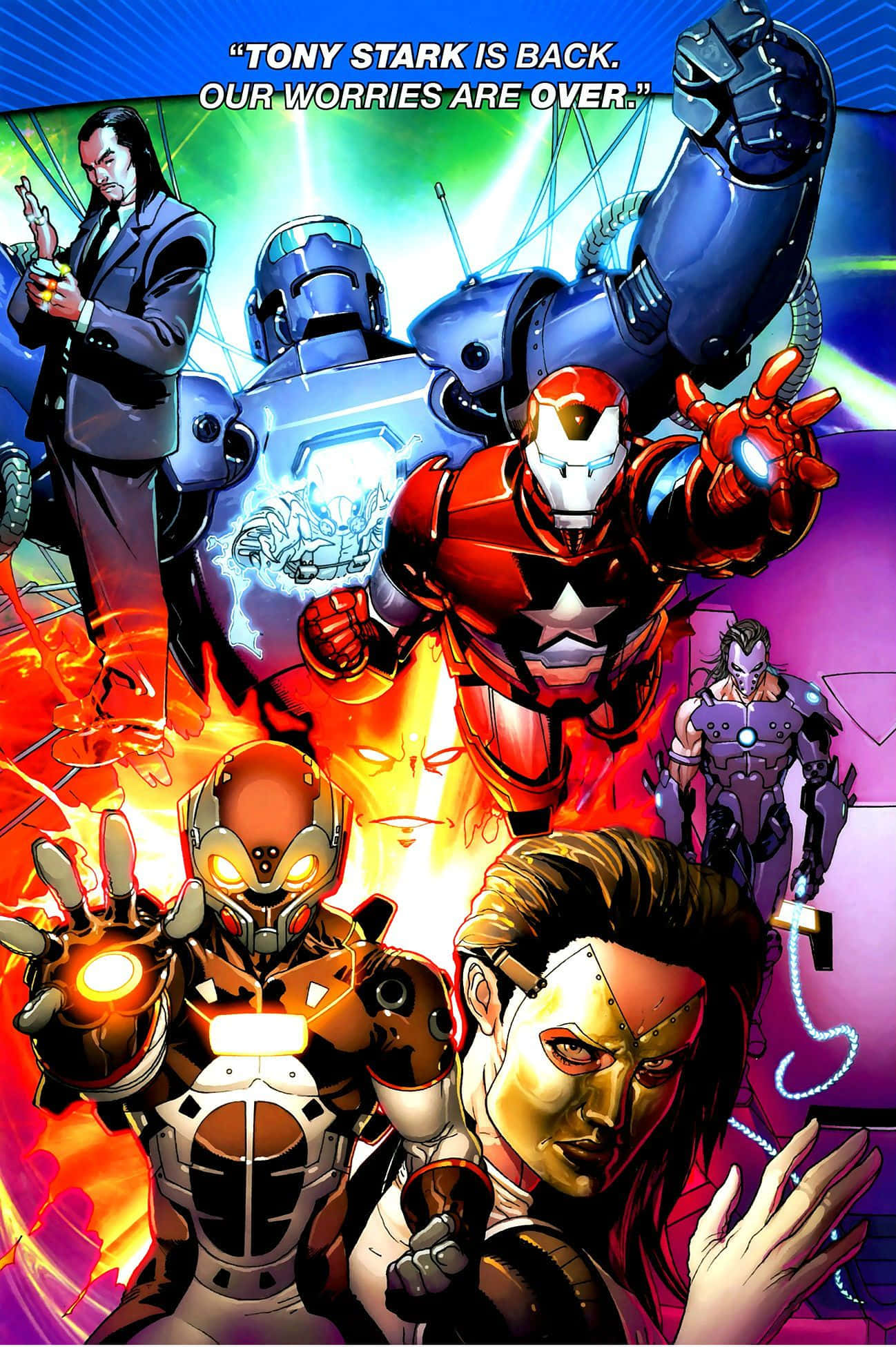Iron Man Villains 桌布 壁紙 — 動態漫畫面板，以鋼鐵人和其他英雄為特色，穿著鮮豔的套裝，帶有發光技術，背景是熾熱的宇宙。