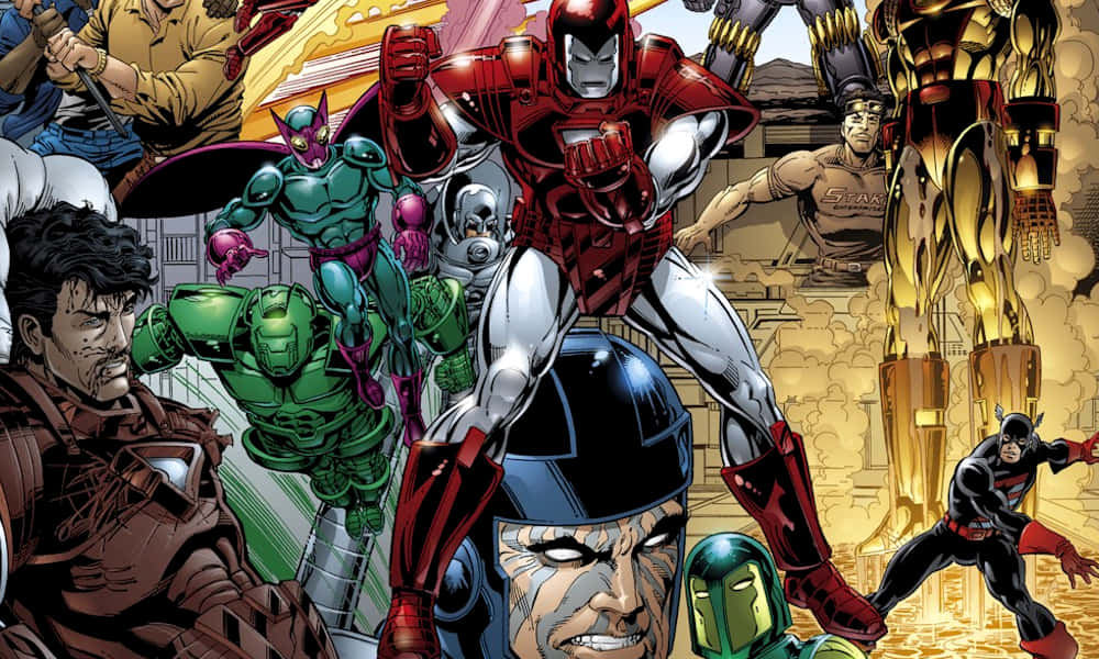 Iron Man Villains 桌布 壁紙 — 動態漫畫面板，以鋼鐵人和其他超級英雄在戲劇性的金色背景下擺出英雄姿勢。