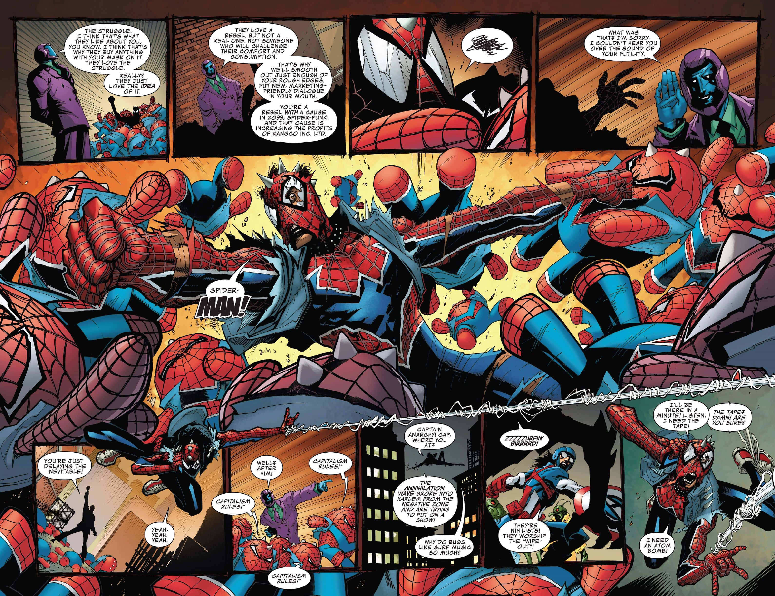 Spider-geddon 桌布 壁紙 — 動態漫畫面板，包含多個蜘蛛人變體在混亂戰鬥中，帶有對話氣泡和大膽的動作線條。