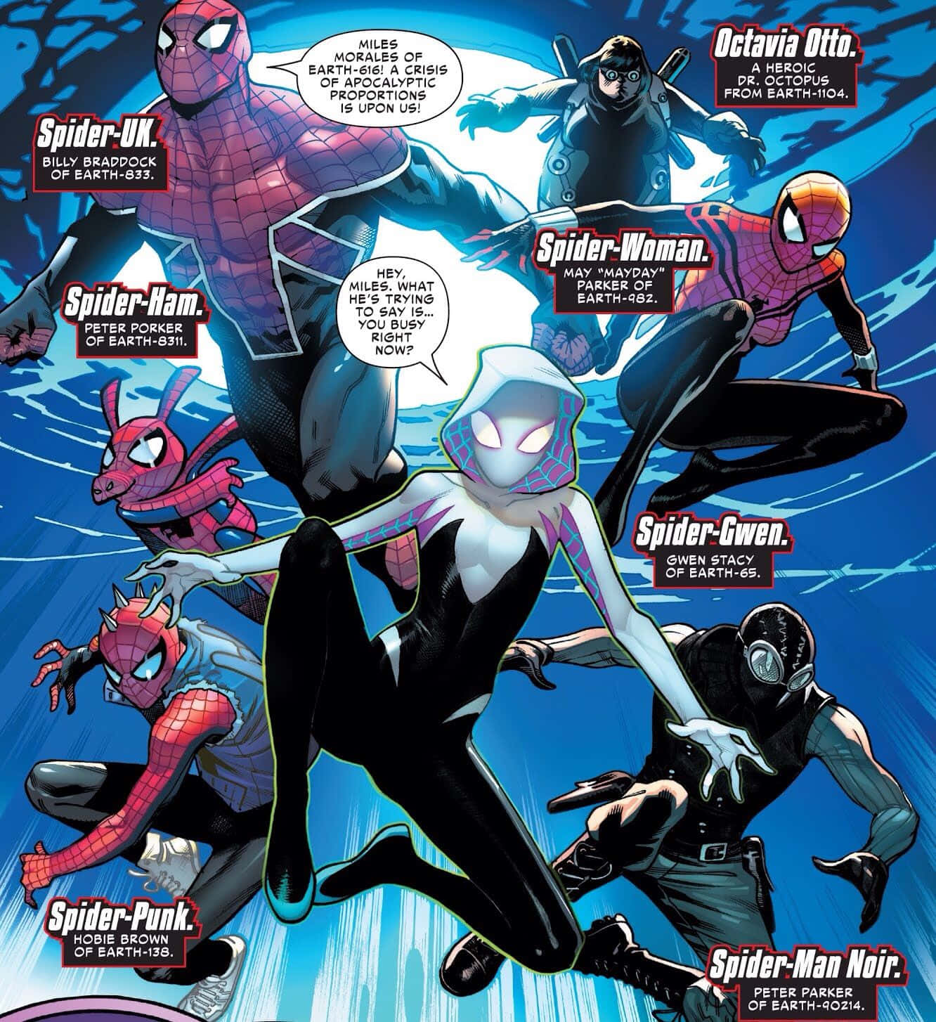 Spider-geddon 桌布 壁紙 — 動態漫畫面板，描繪多位蜘蛛宇宙英雄在藍色能量背景中展開動作。