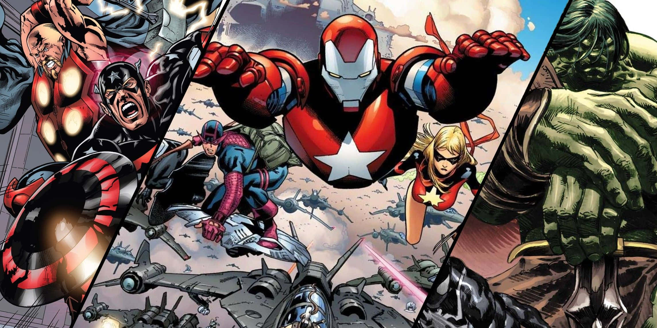 Dark Avengers 桌布 壁紙 — 動態漫畫面板，描繪鋼鐵人、美國隊長、浩克及其他超級英雄在爆炸和飛機中激戰。