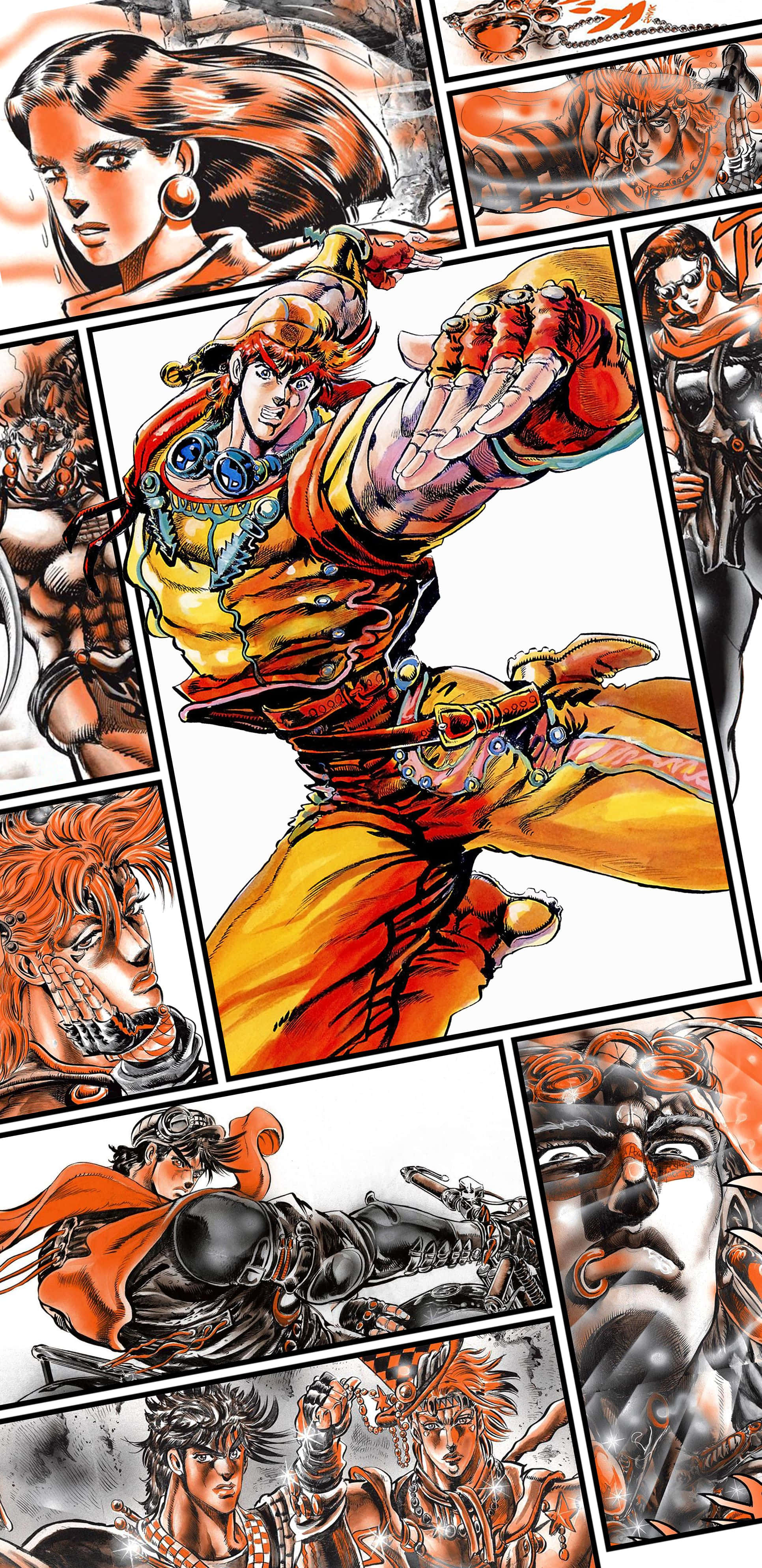 Battle Tendency 桌布 壁紙 — 動態漫畫面板展示強烈的動漫角色，以大膽的橙色、黃色和黑色動作姿勢呈現。