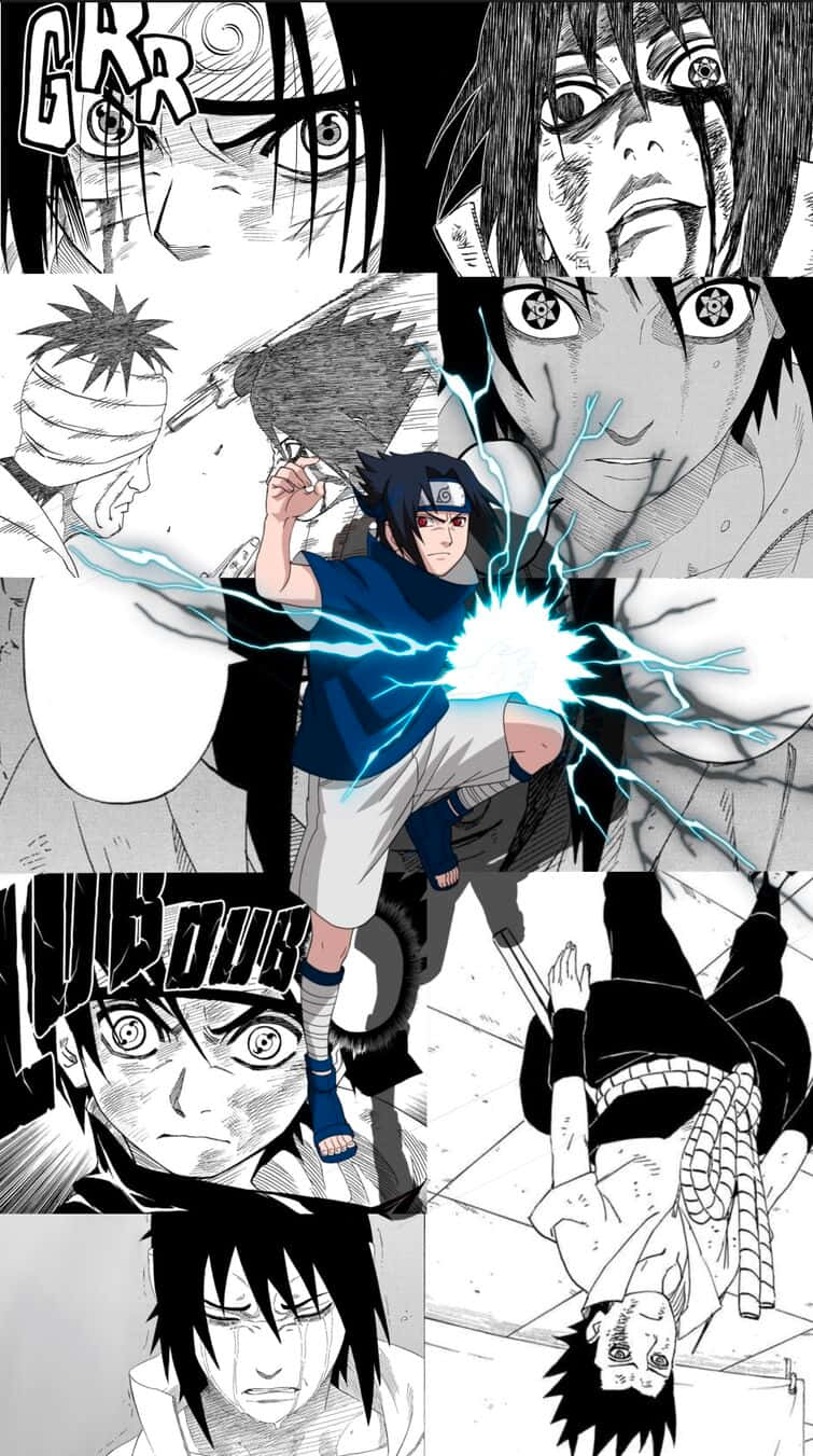 Sasuke Manga 桌布 壁紙 — 動態漫畫面板展示忍者角色在激烈戰鬥中，帶有閃電效果和戲劇性表情。