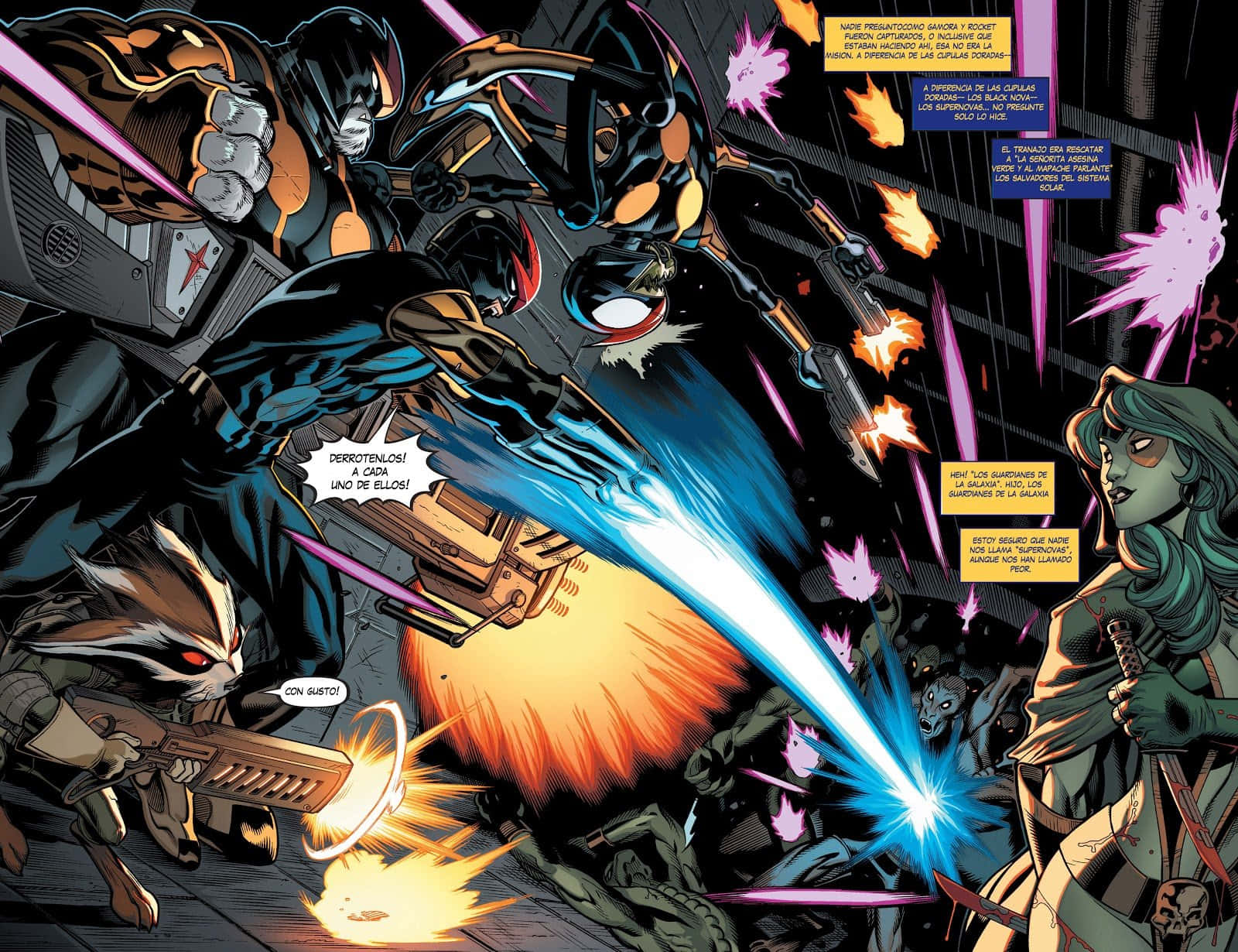 Nova Corps 桌布 壁紙 — 動態漫畫面板顯示星際異攻隊在激烈的戰鬥中，伴隨著能量爆炸和爆炸。