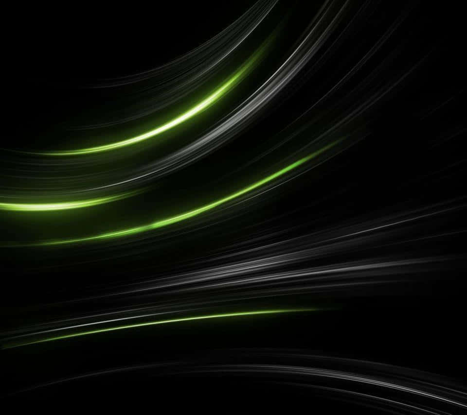 motion 桌布 壁紙 — 動態發光的綠色和白色條紋在深黑色背景上彎曲，營造出運動和能量的感覺。