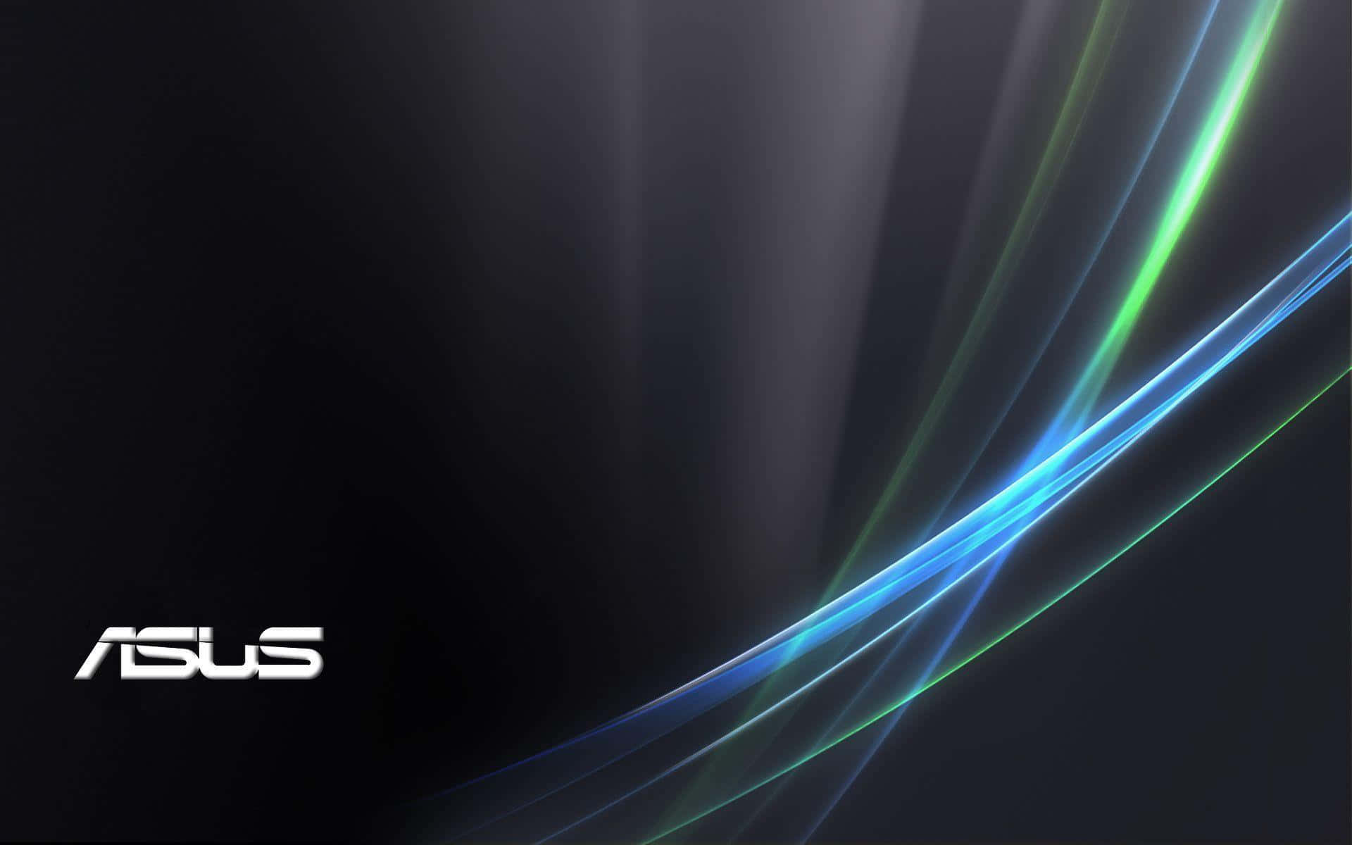 ASUS 桌布 壁紙 — 動態發光的藍色和綠色光線條紋沿對角線流過深色漸變背景，左下角有 ASUS 標誌。