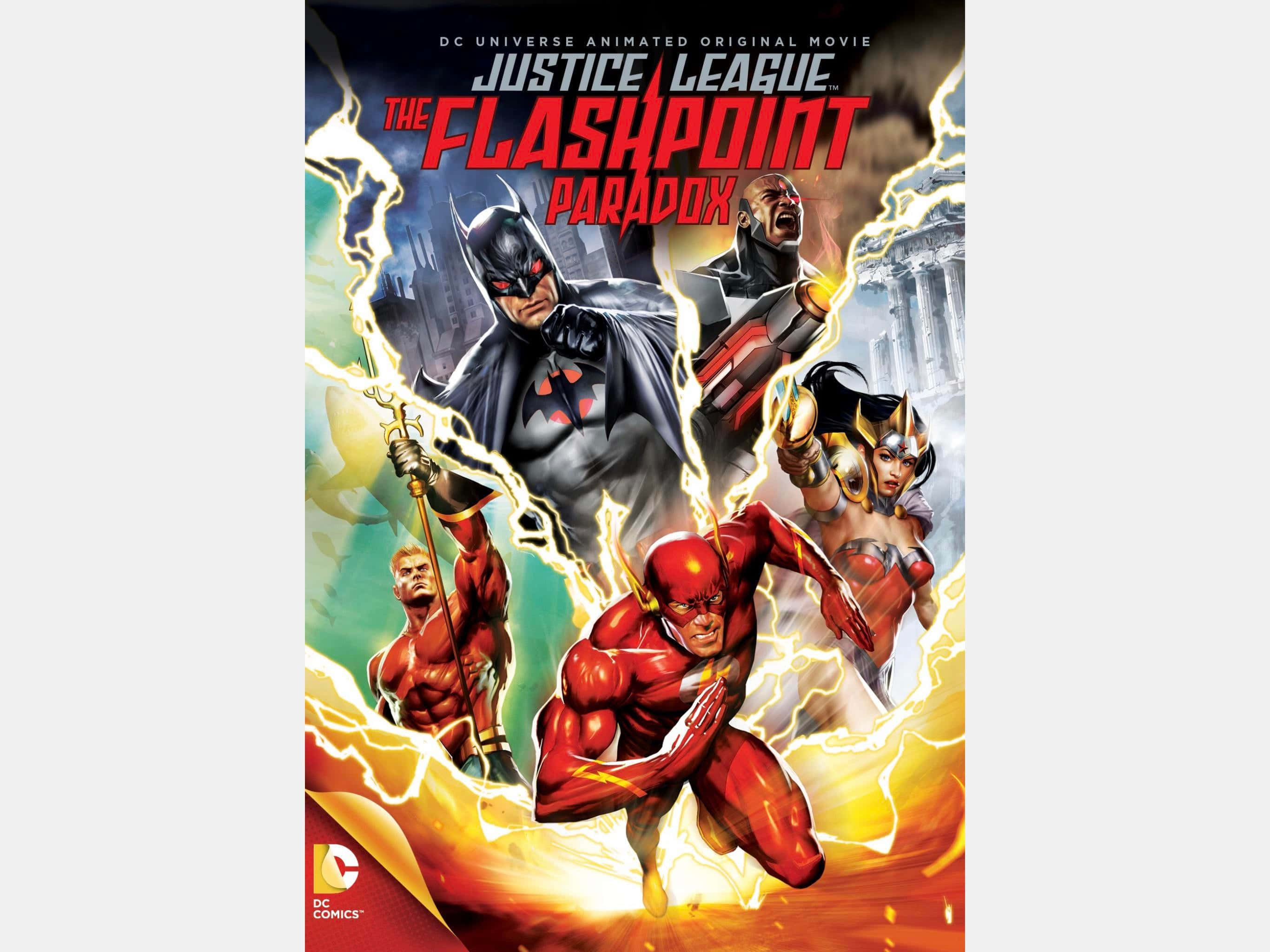 Justice League The Flashpoint Paradox 桌布 壁紙 — 動態的DC超級英雄，包括閃電俠和蝙蝠俠，在爆炸性的閃電中衝過破碎的城市背景。