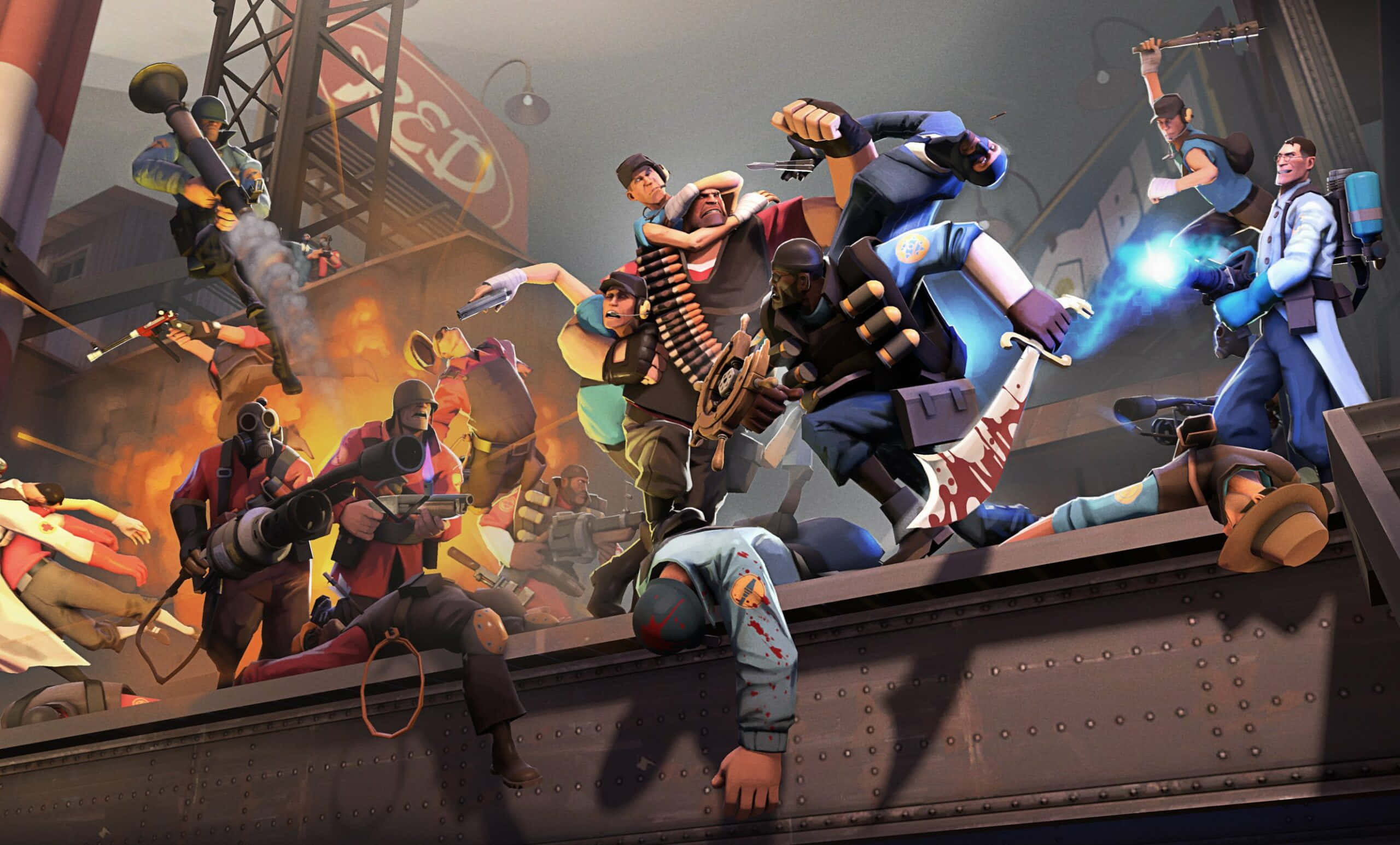 Steam Games 桌布 壁紙 — 動態的Overwatch英雄在熾熱爆炸和發光能量爆發中，於空中和金屬平台上激烈交鋒。