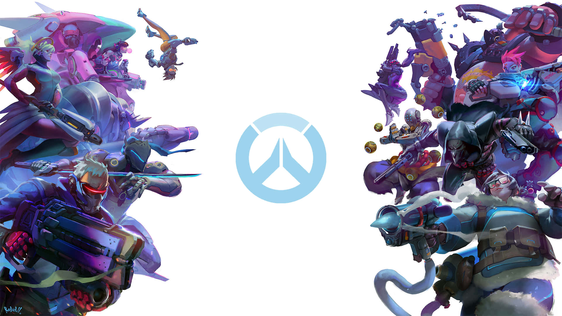 背景 桌布 壁紙 — 動態的Overwatch英雄陣容按隊伍劃分，以鮮豔的紫色、藍色和粉紅色調襯托白色背景。