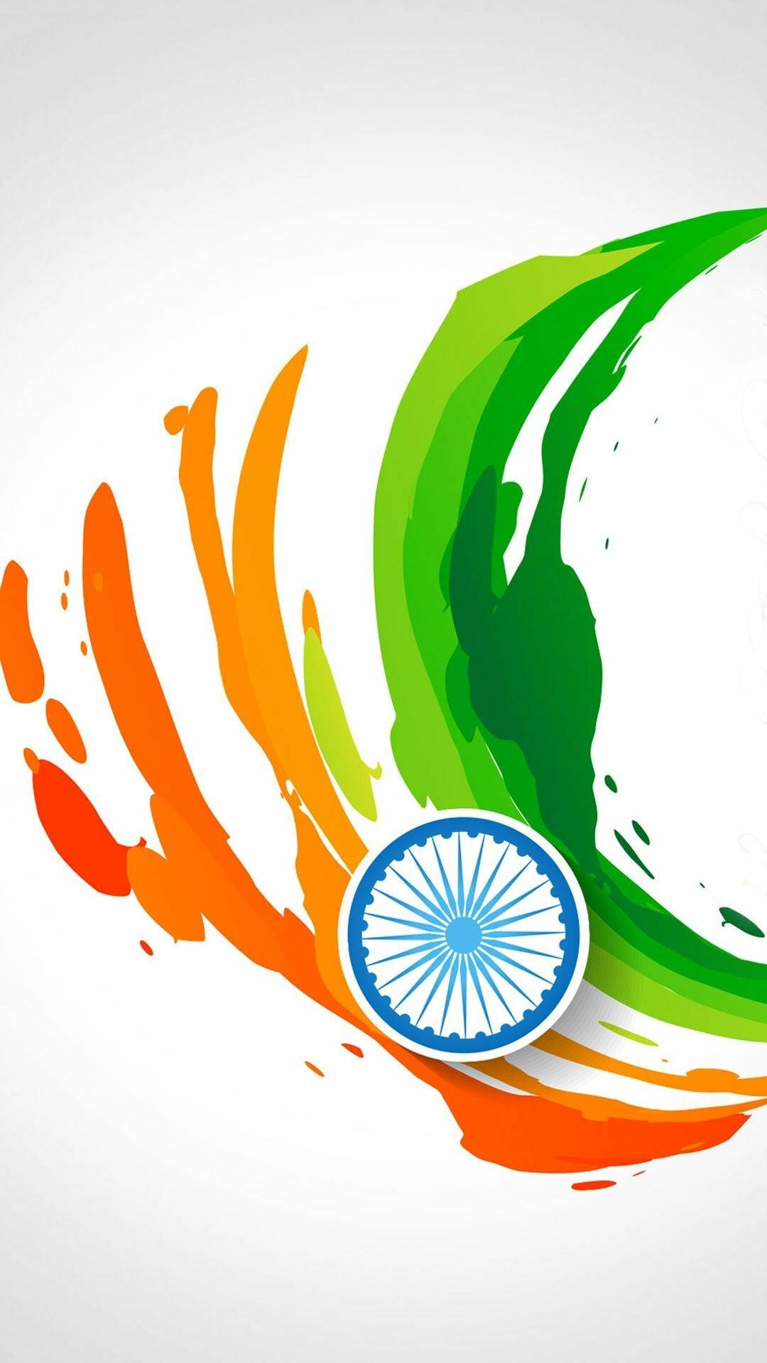Tiranga 桌布 壁紙 — 動態的橙色、綠色和白色油漆飛濺在白色背景上圍繞著中央的藍色阿育王法輪旋轉。