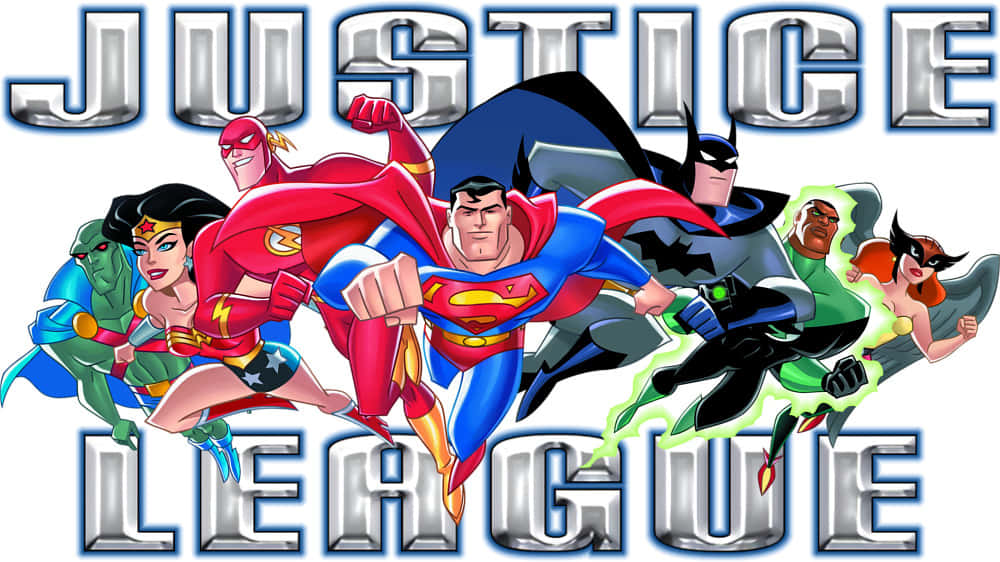Justice League Unlimited 桌布 壁紙 — 動態的正義聯盟超級英雄以大膽的漫畫風格在金屬字體下英勇擺姿勢。