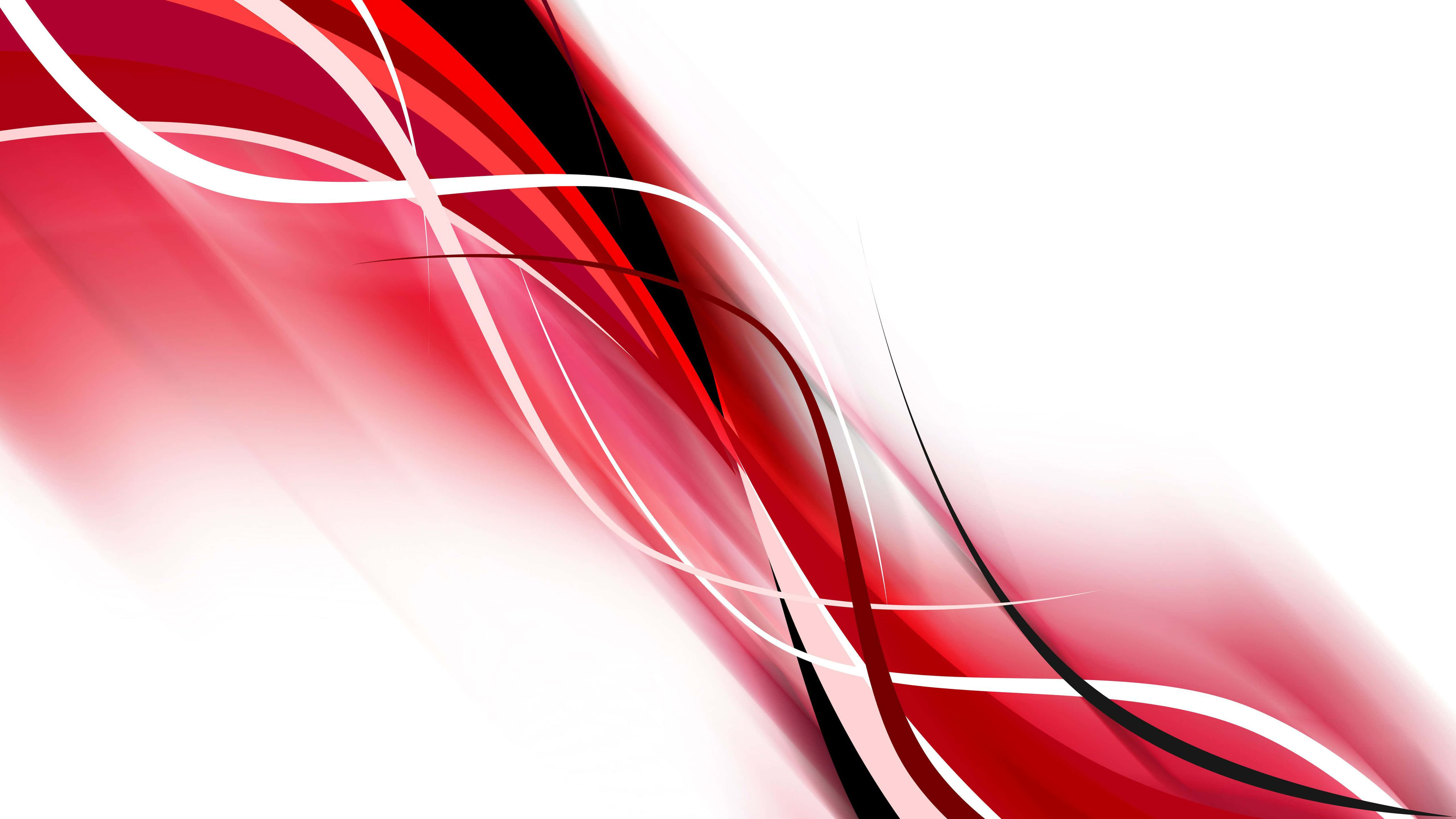 Red And White 桌布 壁紙 — 動態的紅色、白色和黑色抽象漩渦在明亮的白色背景上對角流動。