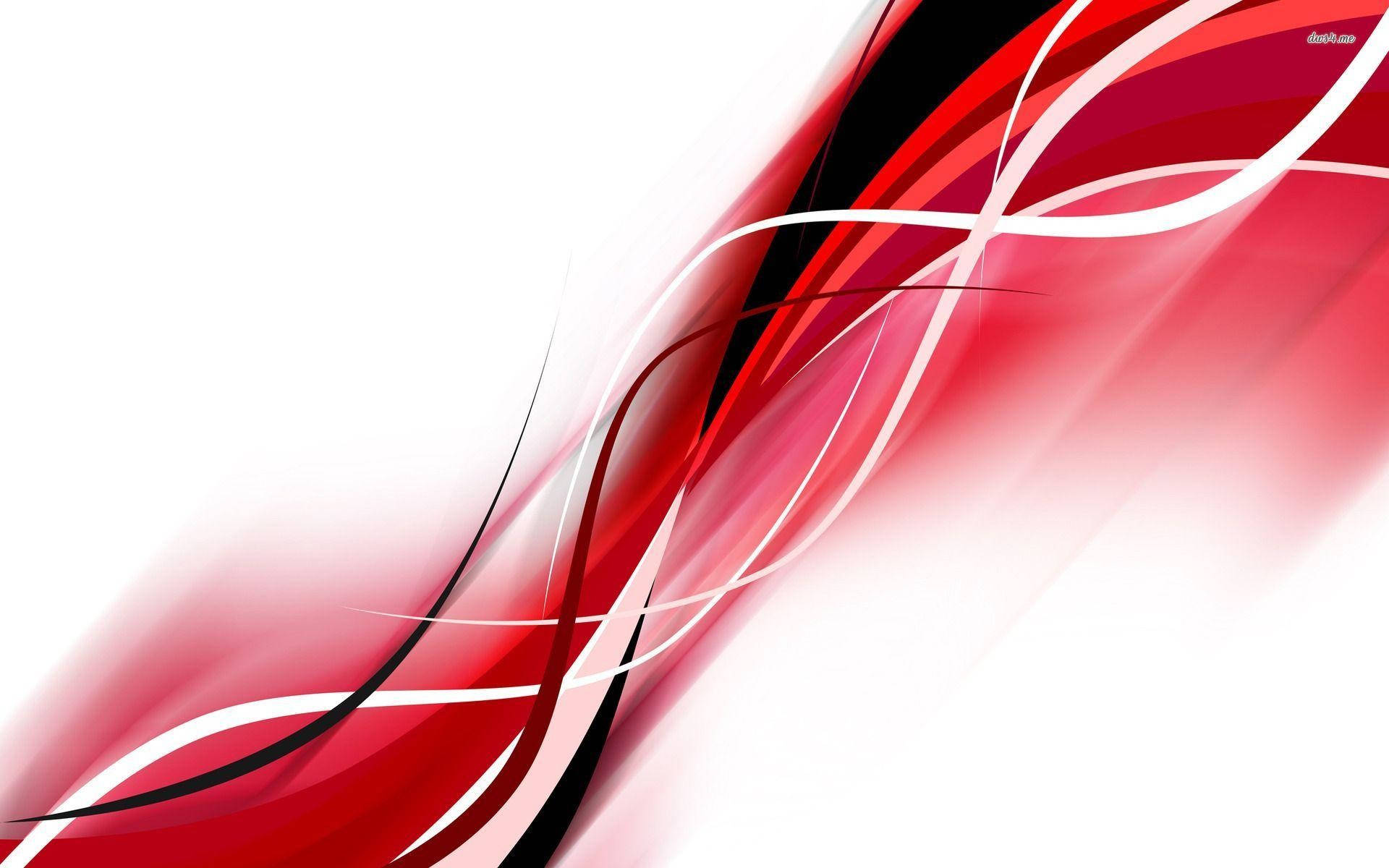 Red And White 桌布 壁紙 — 動態的紅色、黑色和白色抽象漩渦在明亮的白色背景上對角流動。
