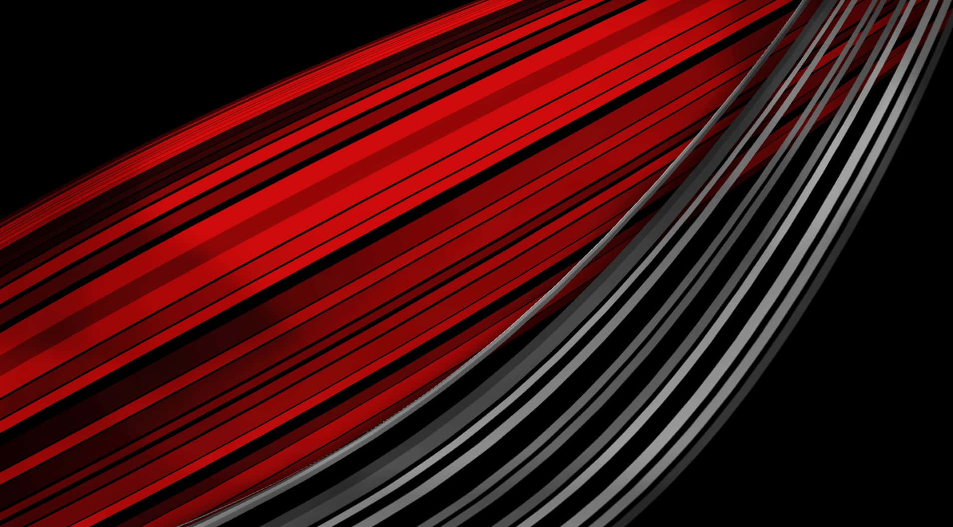 1080p Red And Black 桌布 壁紙 — 動態的紅色和銀色條紋在黑色背景上對角彎曲，營造出高速運動的感覺。