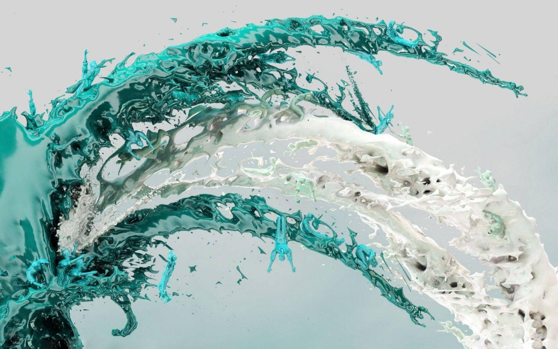 Paint Splash 桌布 壁紙 — 動態的藍綠色和白色液體飛濺在柔和的灰色背景上優雅地形成弧線。