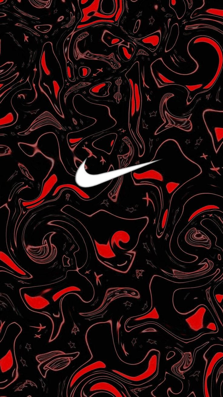 Nike 桌布 壁紙 — 動態的黑紅抽象漩渦圖案，中央有白色Nike勾號。