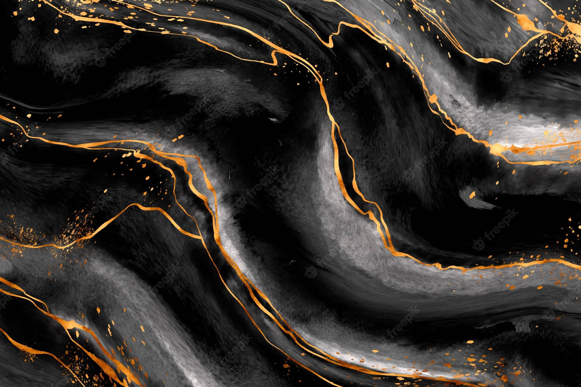 Black Marble 4K 桌布 壁紙 — 動態的黑金抽象漩渦，帶有紋理筆觸和散落的金色斑點，營造出奢華的流體構圖。