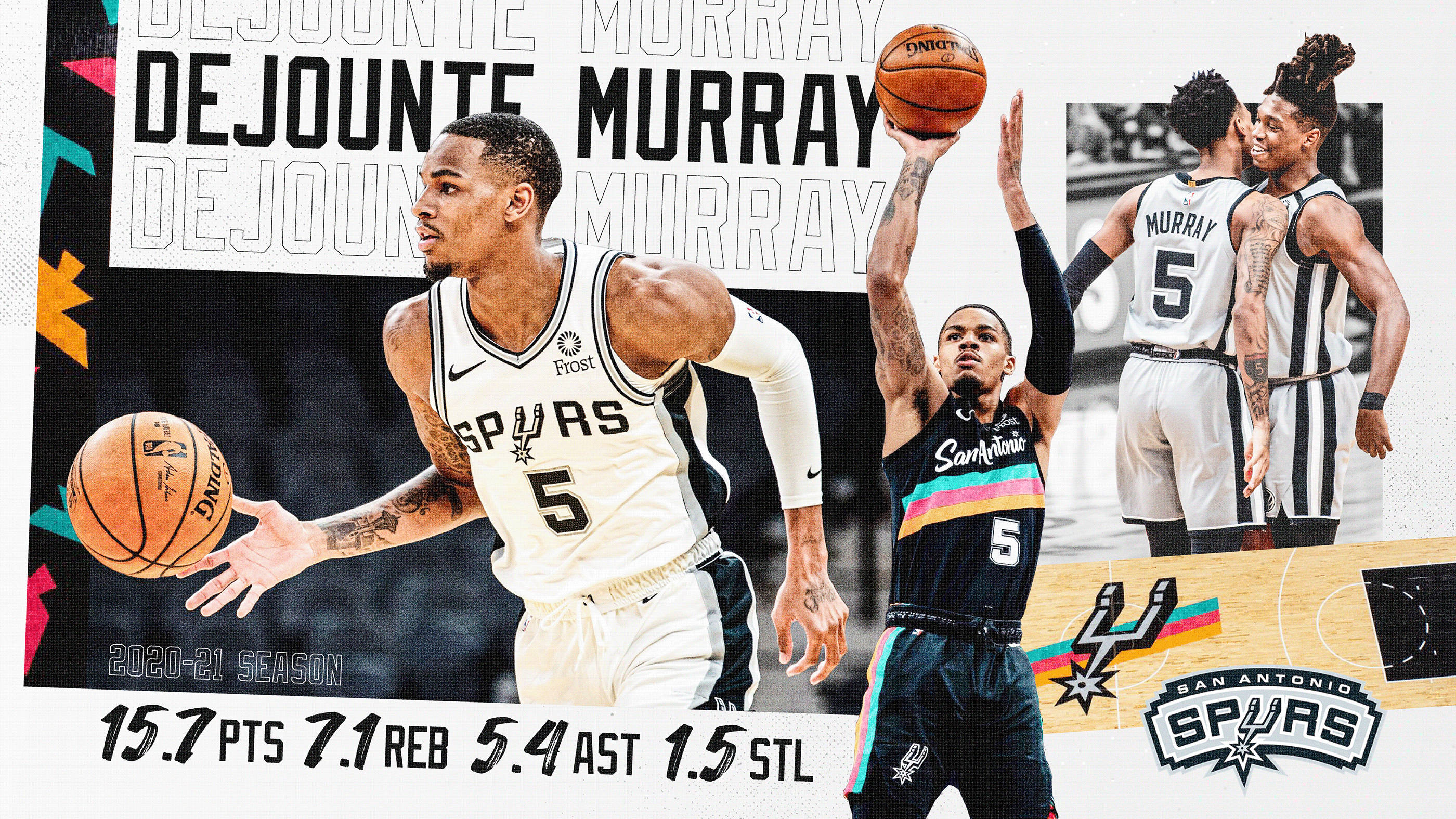 Dejounte Murray 桌布 壁紙 — 動態籃球運動員 Dejounte Murray 的動作照片，穿著 Spurs 球衣，附有統計數據和球隊品牌。