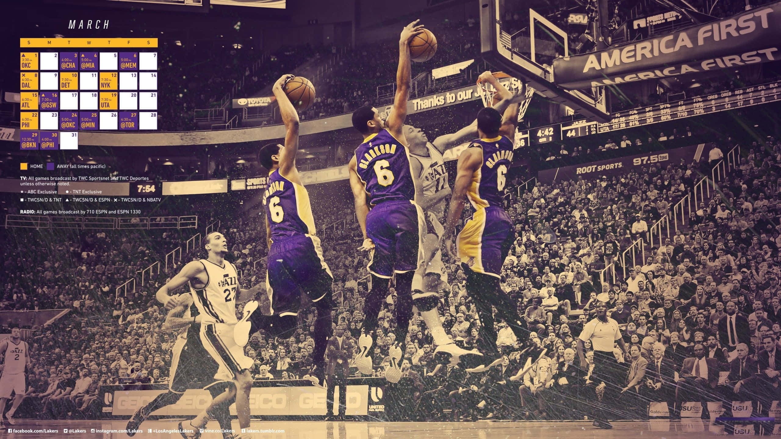 Aesthetic NBA 桌布 壁紙 — 動態籃球運動員在場館燈光下進行激烈比賽時跳起搶籃板，並帶有三月日曆疊加。