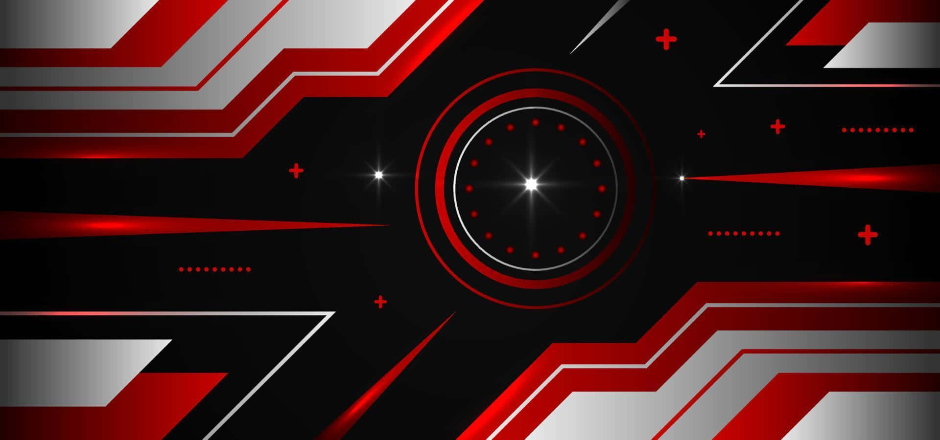 Gaming Banner 桌布 壁紙 — 動態紅銀黑抽象科技桌布，帶有發光圓形介面和銳利角度線條。