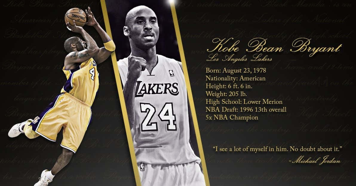科比 桌布 壁紙 — 動態致敬桌布， featuring Kobe Bryant 空中灌籃及身穿湖人球衣的肖像，附有傳記統計數據。