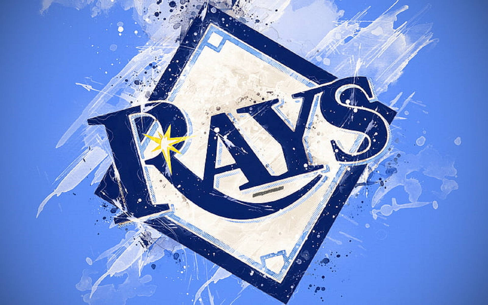 Rays 桌布 壁紙 — 動態藍白潑濺背景，帶有坦帕灣光芒隊標誌和一顆黃星。