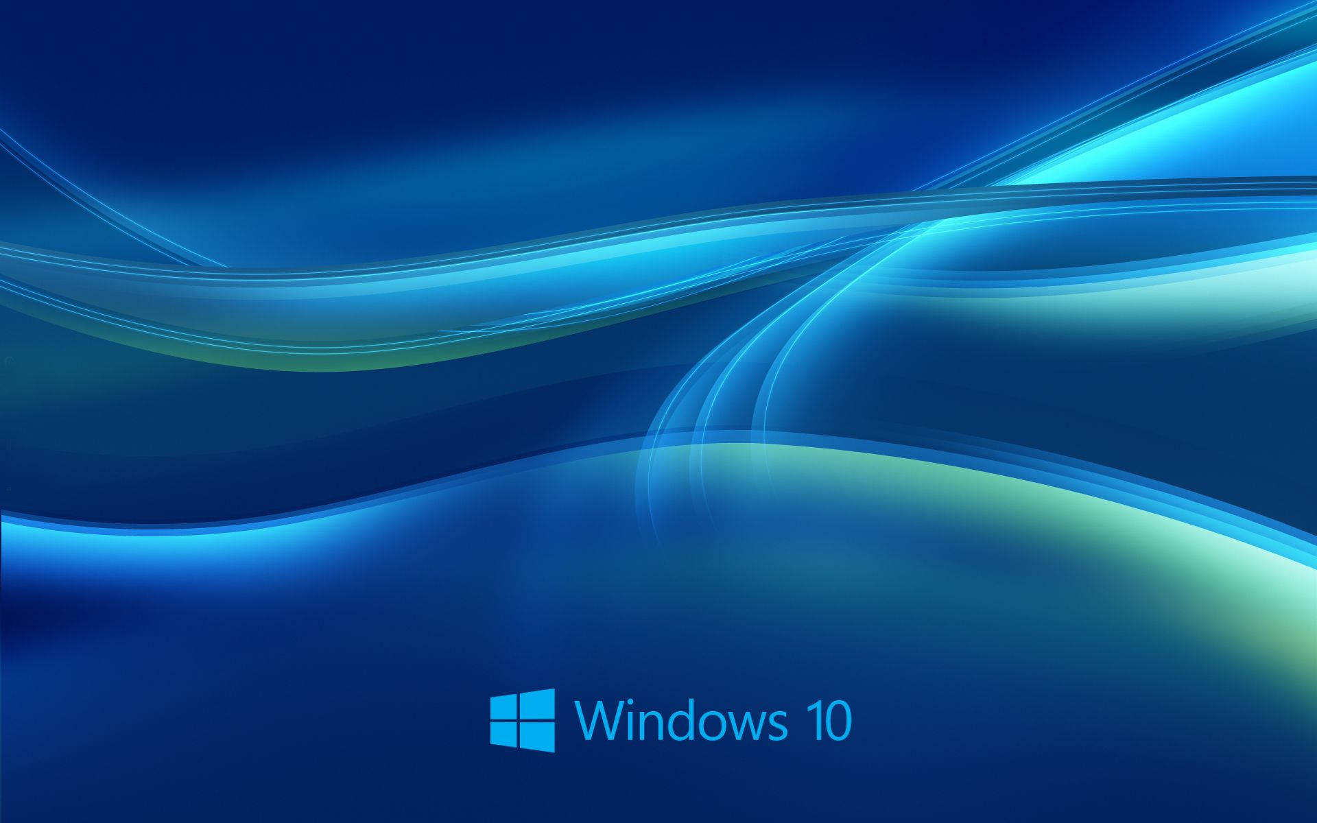 Windows 桌布 壁紙 — 動態藍色和藍綠色發光波浪線流過帶有 Windows 10 標誌的深藍色數位背景。