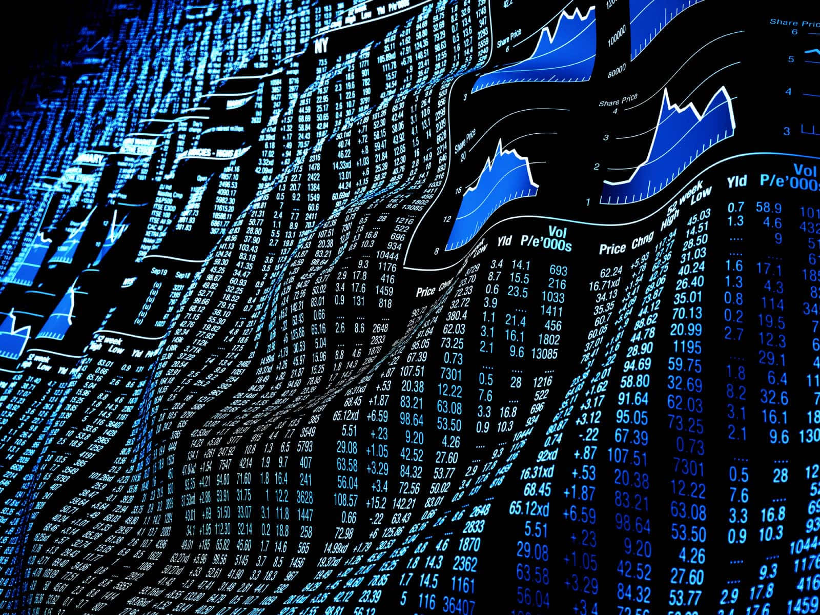 Trading 桌布 壁紙 — 動態藍色金融數據流和圖表在未來主義的股票市場可視化中流過黑暗的數位表面。