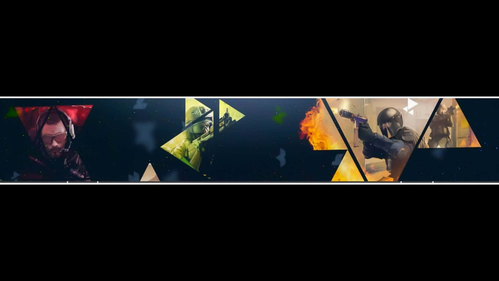 YouTube Banner Gaming 桌布 壁紙 — 動態遊戲蒙太奇，以黑暗宇宙背景下的發光幾何形狀框住戰鬥場景中的士兵。