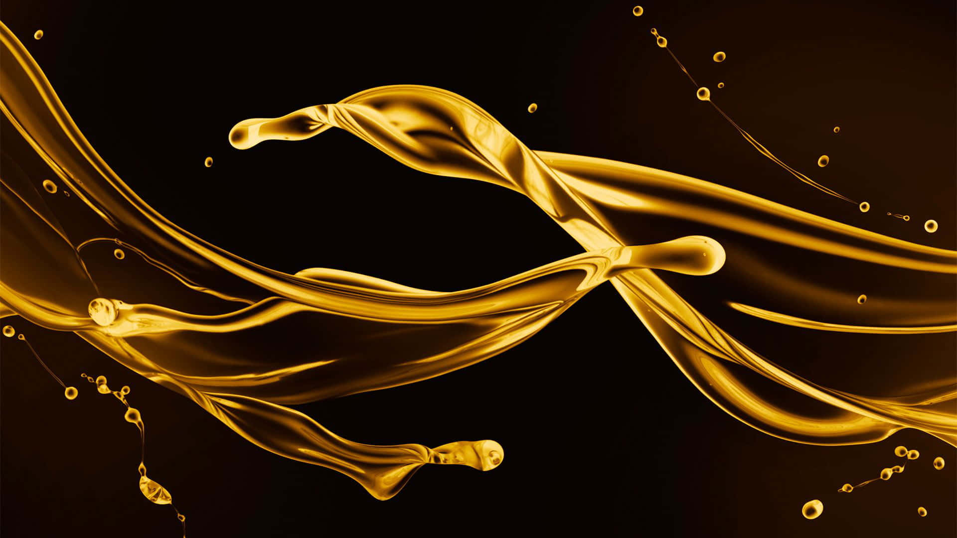 Liquid 桌布 壁紙 — 動態金色液體在深色背景上以優雅曲線流動，帶有閃爍水滴。