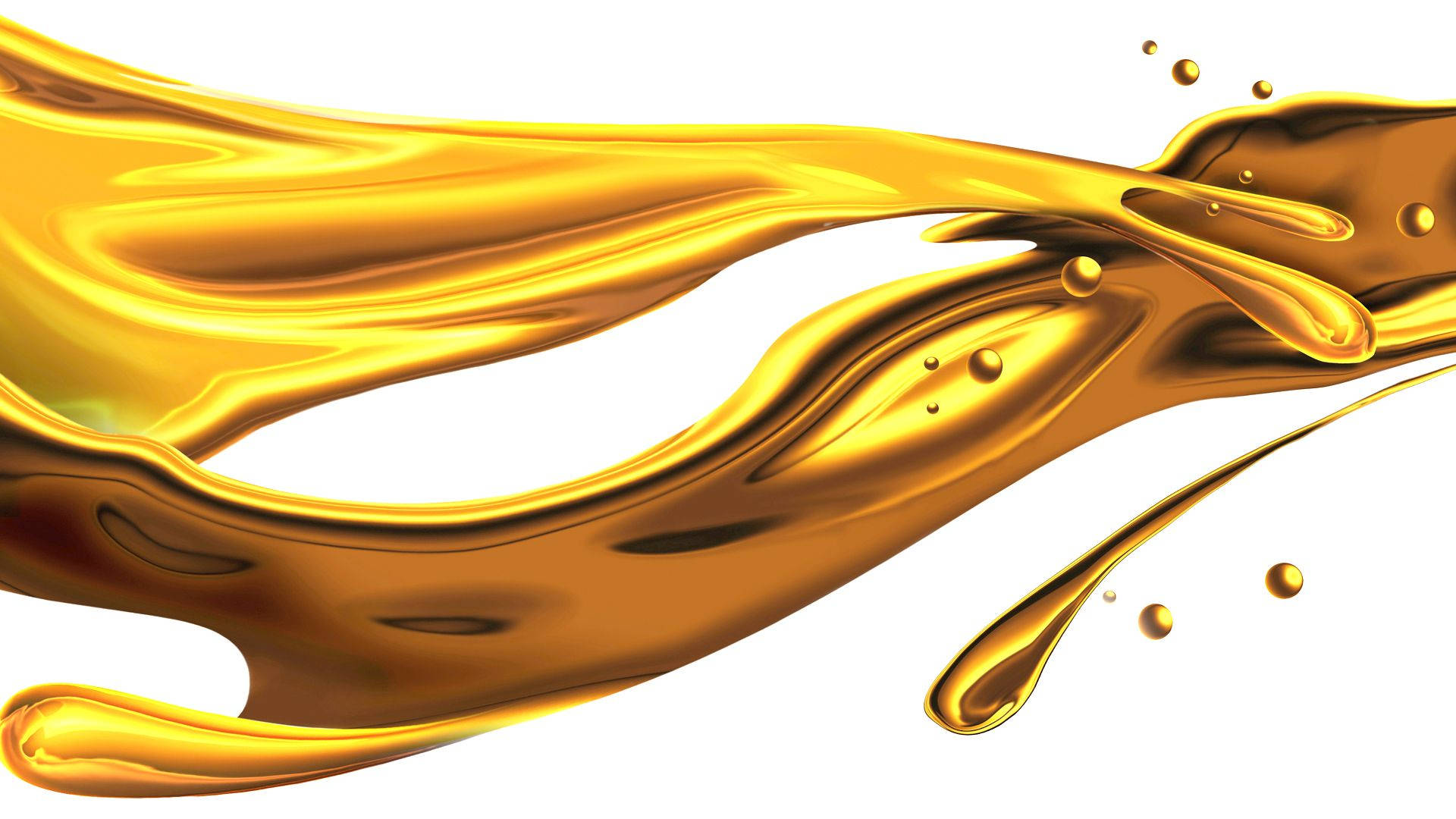 Oil 桌布 壁紙 — 動態金色液體在純白背景上以流暢曲線流動，並帶有拖尾的液滴。