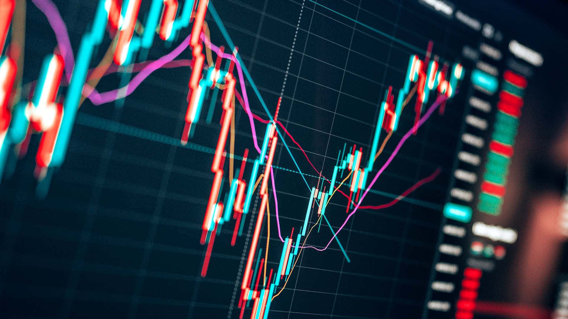 Money 桌布 壁紙 — 動態金融蠟燭圖，在黑暗螢幕上帶有發光的紅色和藍綠色線條，顯示市場波動性。