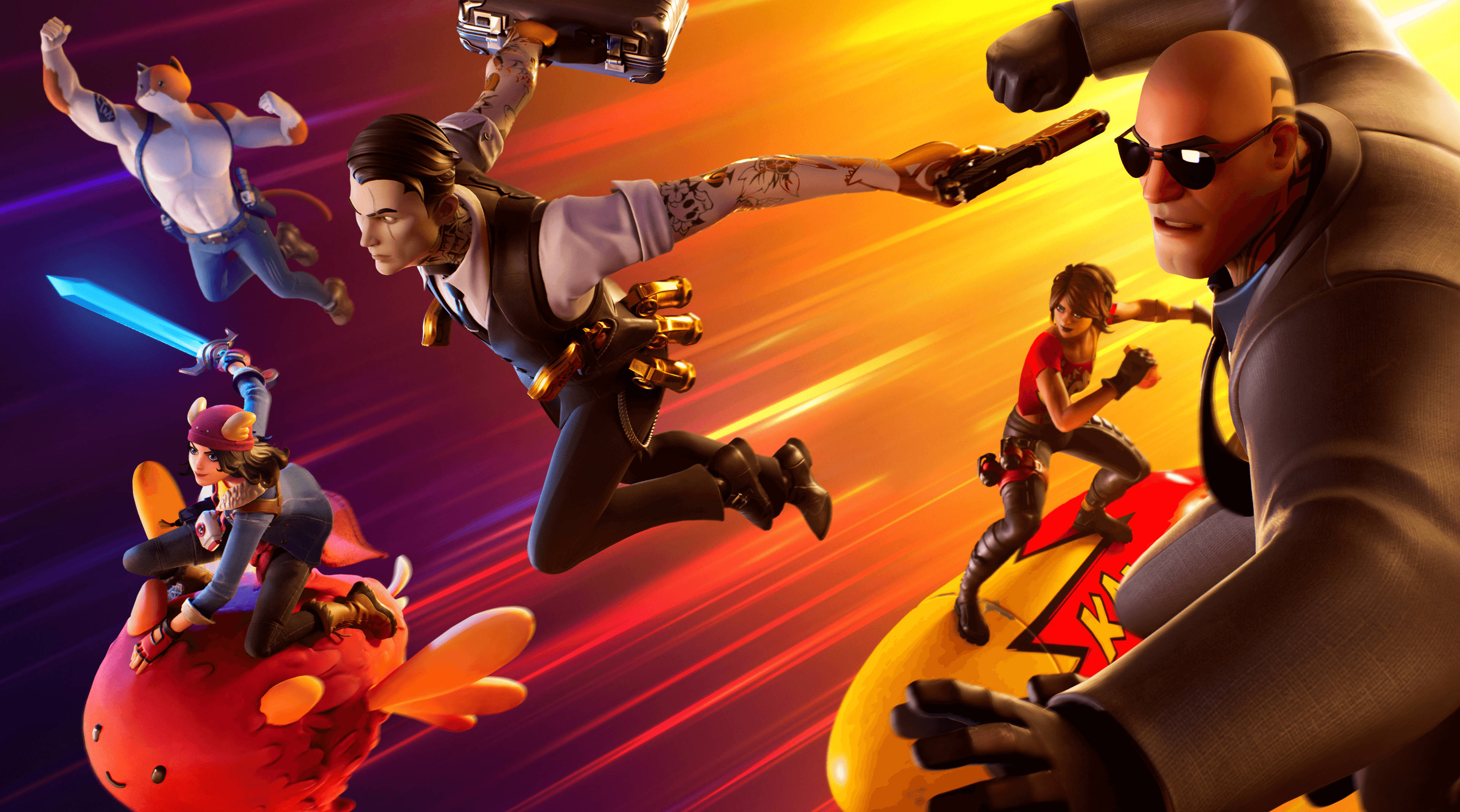 Fortnite Chapter 3 桌布 壁紙 — 動態電子遊戲角色在橙色、紫色和黃色條紋的鮮豔漸變背景上跳躍和戰鬥。