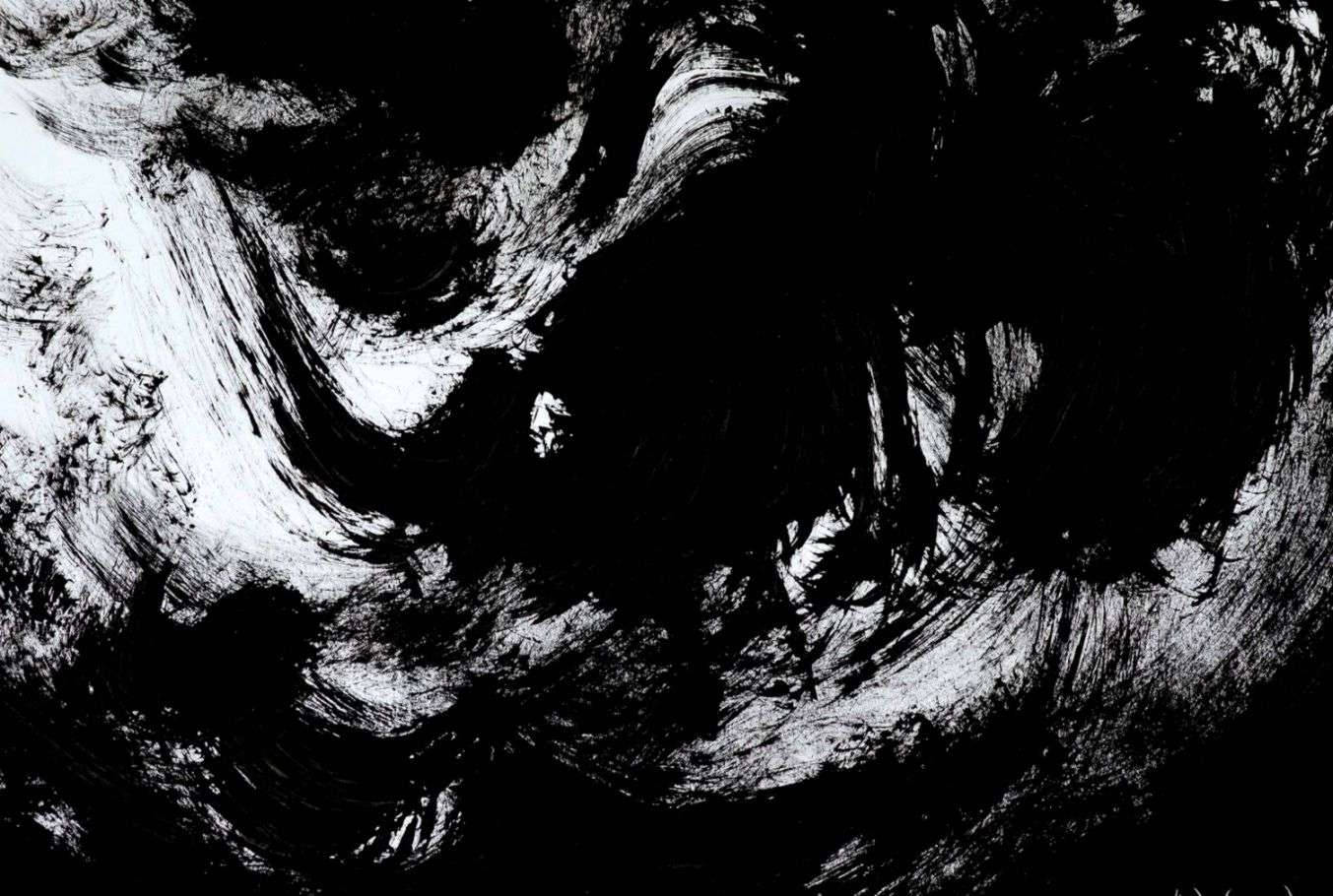Pain Black And White 桌布 壁紙 — 動態黑白抽象漩渦，搭配大膽筆觸，營造出戲劇性的紋理構圖。