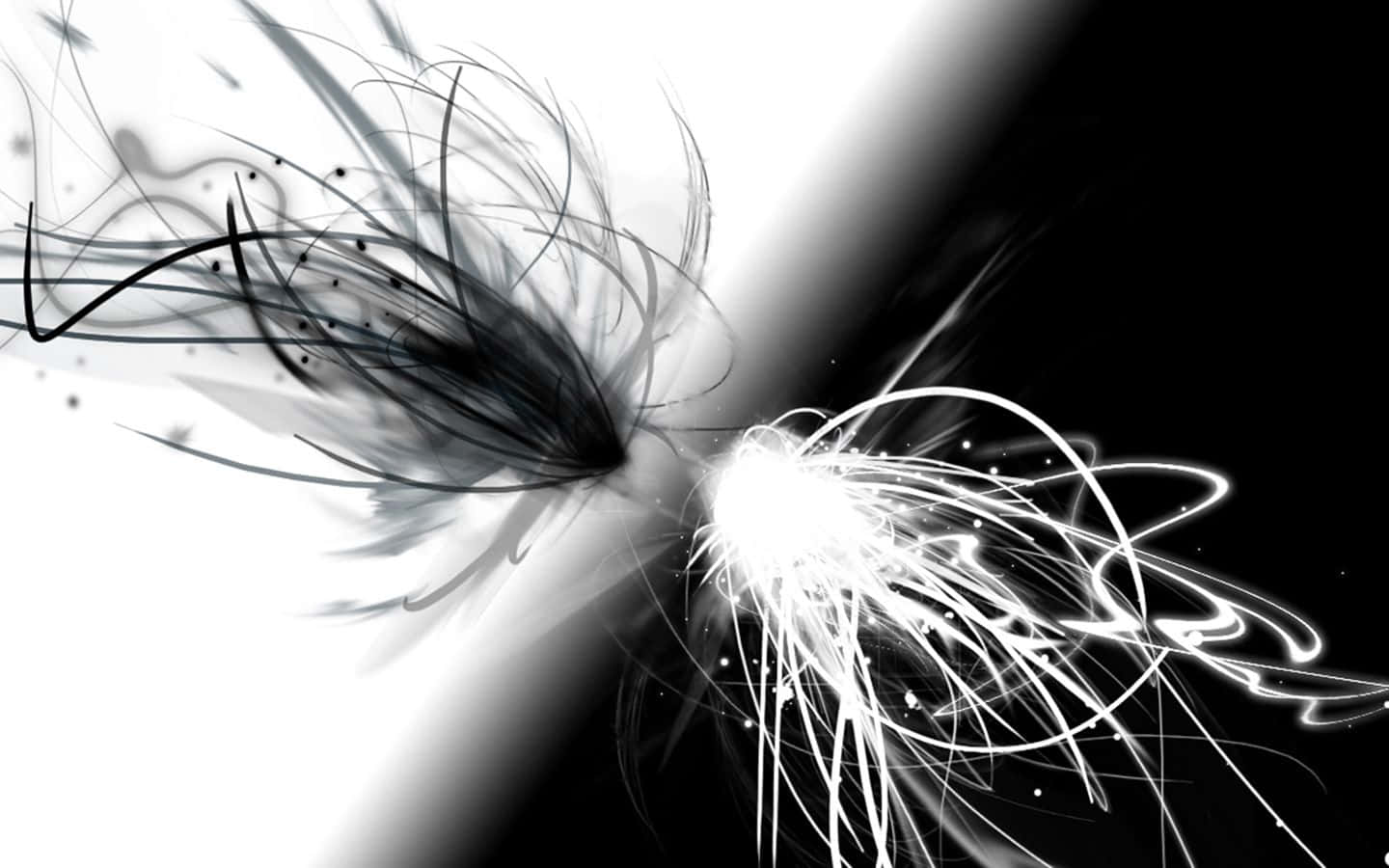 Black And White Abstract Art 桌布 壁紙 — 動態黑白抽象漩渦從明亮的中心點爆發，背景為鮮明的對角分割。