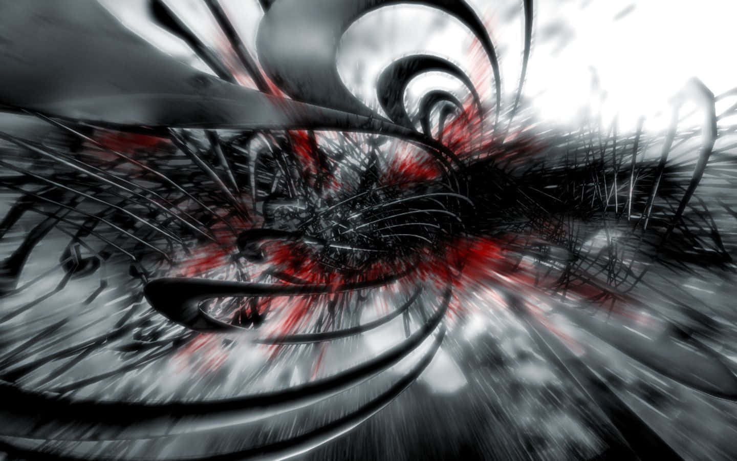 Red Black And White 桌布 壁紙 — 動態黑白抽象漩渦搭配銳利紅色點綴，營造出混亂的渦旋效果。