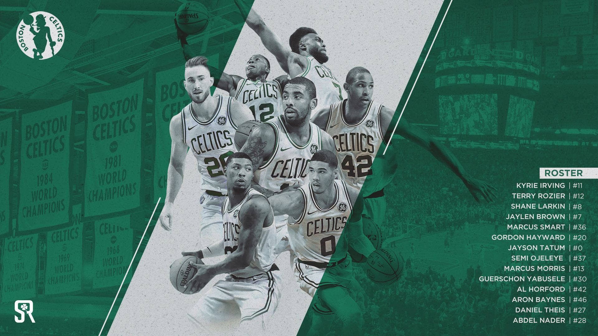 Celtics 桌布 壁紙 — 動態黑白拼貼，波士頓塞爾提克籃球球員在綠色色調的競技場背景和冠軍旗幟前擺出動作姿勢。