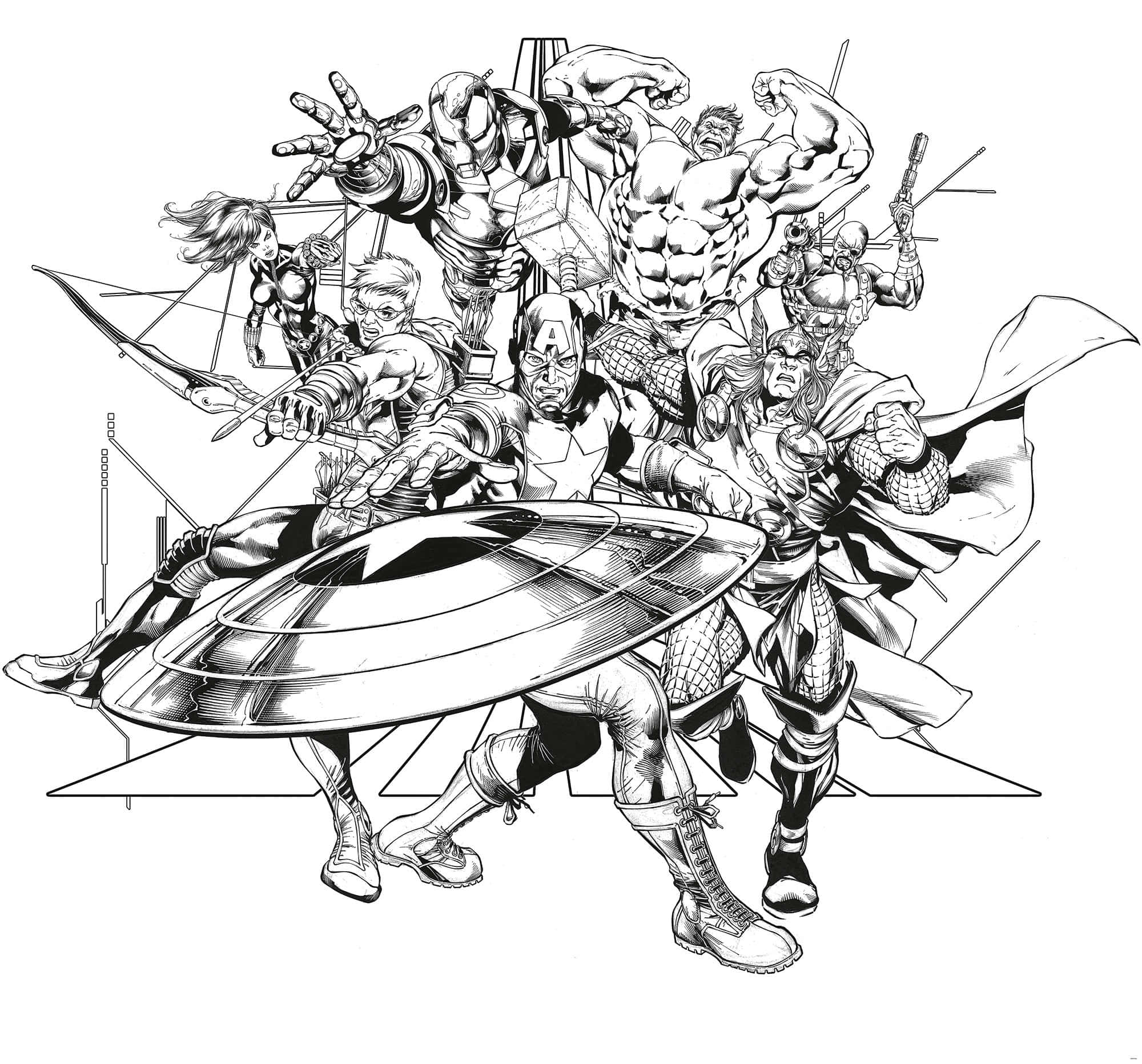 漫威 桌布 壁紙 — 動態黑白插圖，復仇者聯盟英雄以動作姿勢呈現，美國隊長的盾牌位於中央。