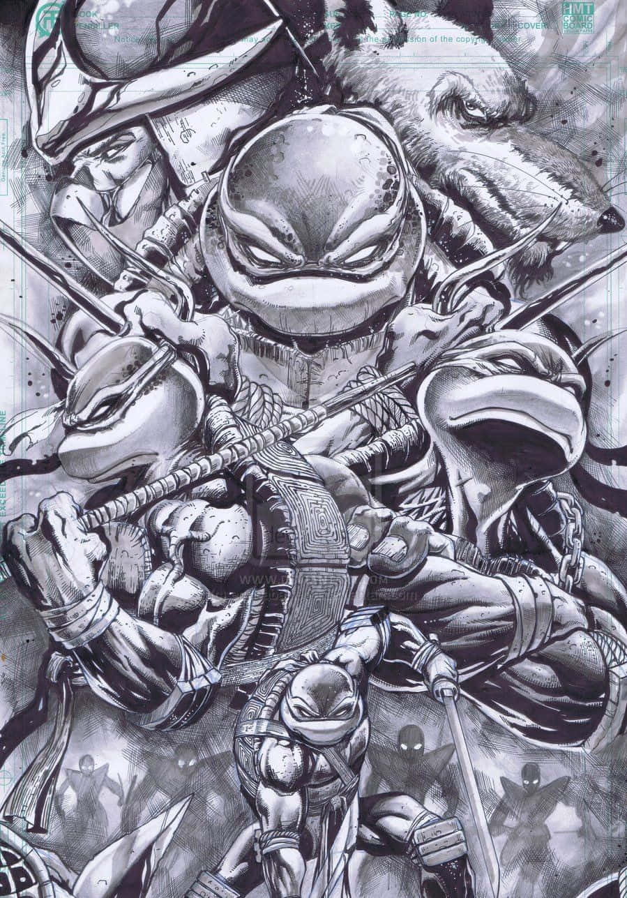 Teenage Mutant Ninja Turtles Comic Book 桌布 壁紙 — 動態黑白插圖，描繪四隻忍者龜以武器擺出戰鬥姿勢，背景有狼頭。