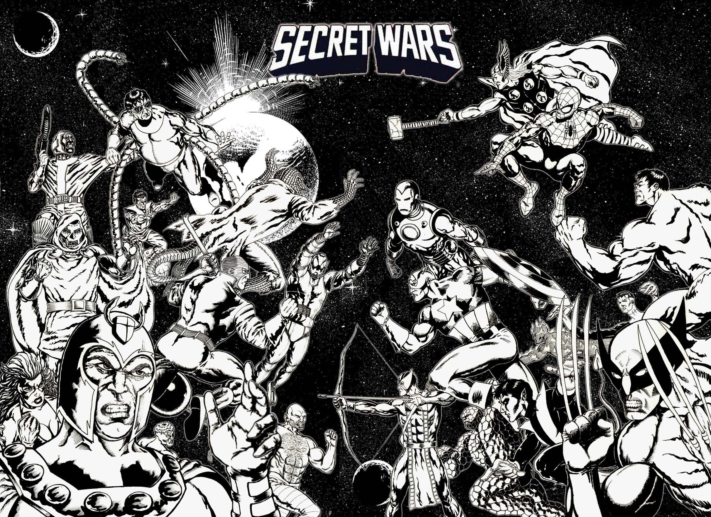 Secret Wars 桌布 壁紙 — 動態黑白漫畫插圖，描繪多位超級英雄與反派在弦月下的太空中戰鬥。